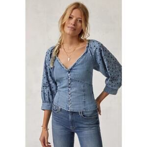 Anthropologie Pilcro Embroidered Chambray Blouse Blue Small Floral Eyelet Cotton